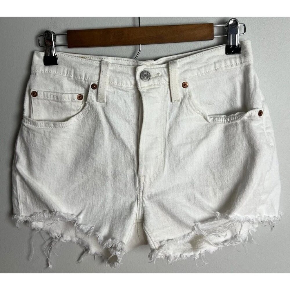 Levi's 501 White Denim Shorts W28 Button Fly Frayed Hem Stretch Women’s